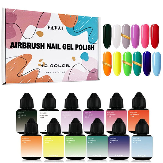 Favai Airbrush Gel Nail Polish 12 Colors Spring Summer Collection for Nail Art Design Stickers French Manicures Nail Stencils Paint 10ml/0.33 Fl oz Long Lasting Without Dilution Soak Off Nails Gel Set