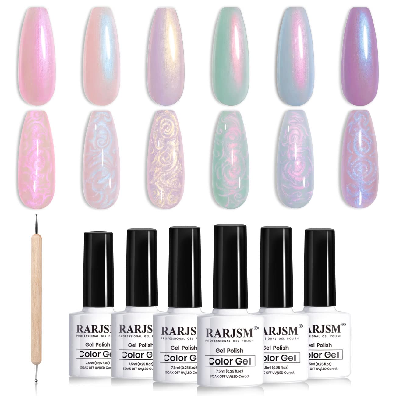 RARJSM Pearl Gel Nail Polish Glitter Pearlescent Shell Gel Polish Pink Beige Pearl Blue Green Purple Shimmer Mermaid Swirl Thread Effect Gel Soak Off LED UV Curing Requires DIY Manicure Use