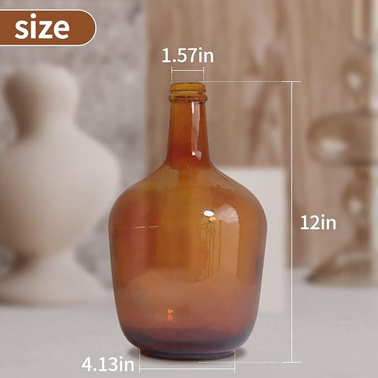 HEWEGO Amber Bottleneck Glass Vase, Vintage Floor Vase, Large Long-Stemmed Flower Vase, Decorative Jug Vase for Coffee Table Centerpiece, Office, Wedding, Gifts, 4.13" W & 12" L