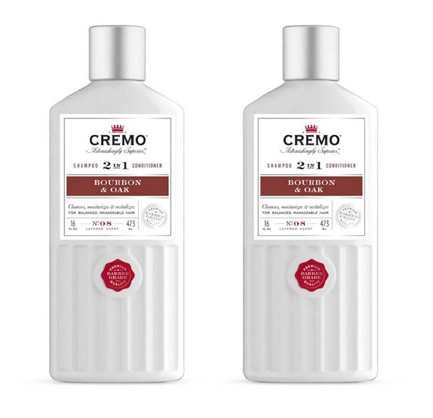 Cremo Bourbon & Oak Barber Grade 2-in-1 Shampoo & Conditioner, 16 Fl Oz (2-Pack) - A Sophisticated Blend of DistillerÕs Spice, Fine Bourbon and White Oak