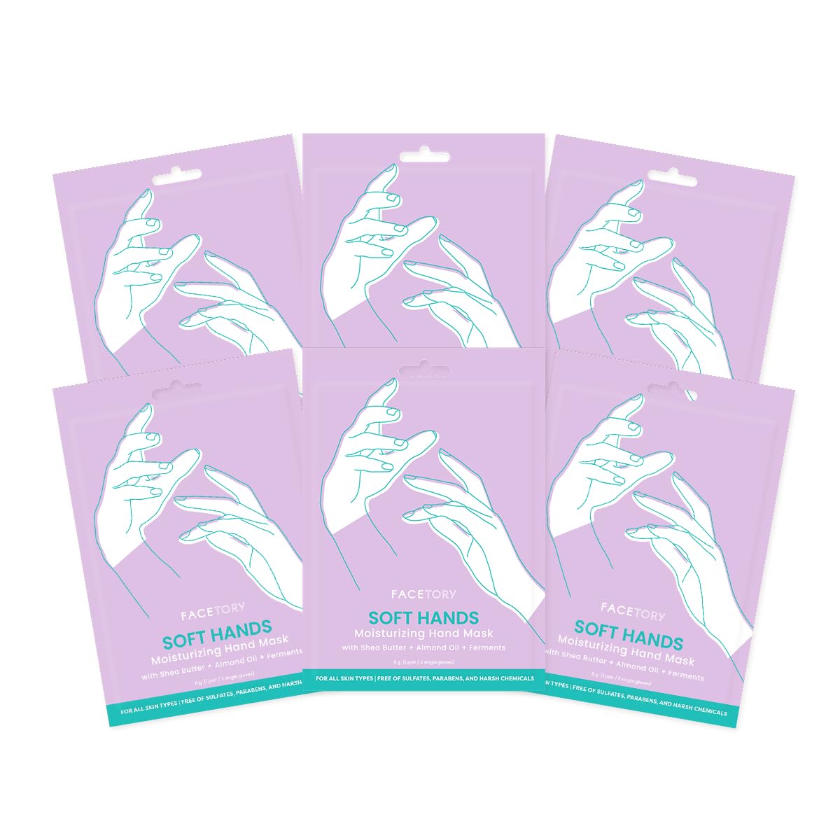 FACETORY Soft Hands Moisturing Hand Mask with Softening Shea Butter, Almond Seed Oil, and Ferments - Hand Spa Nourishing and Renewing Hand Sheet Mask for Dry, Rough Hands and Cuticles - 6 Pairs