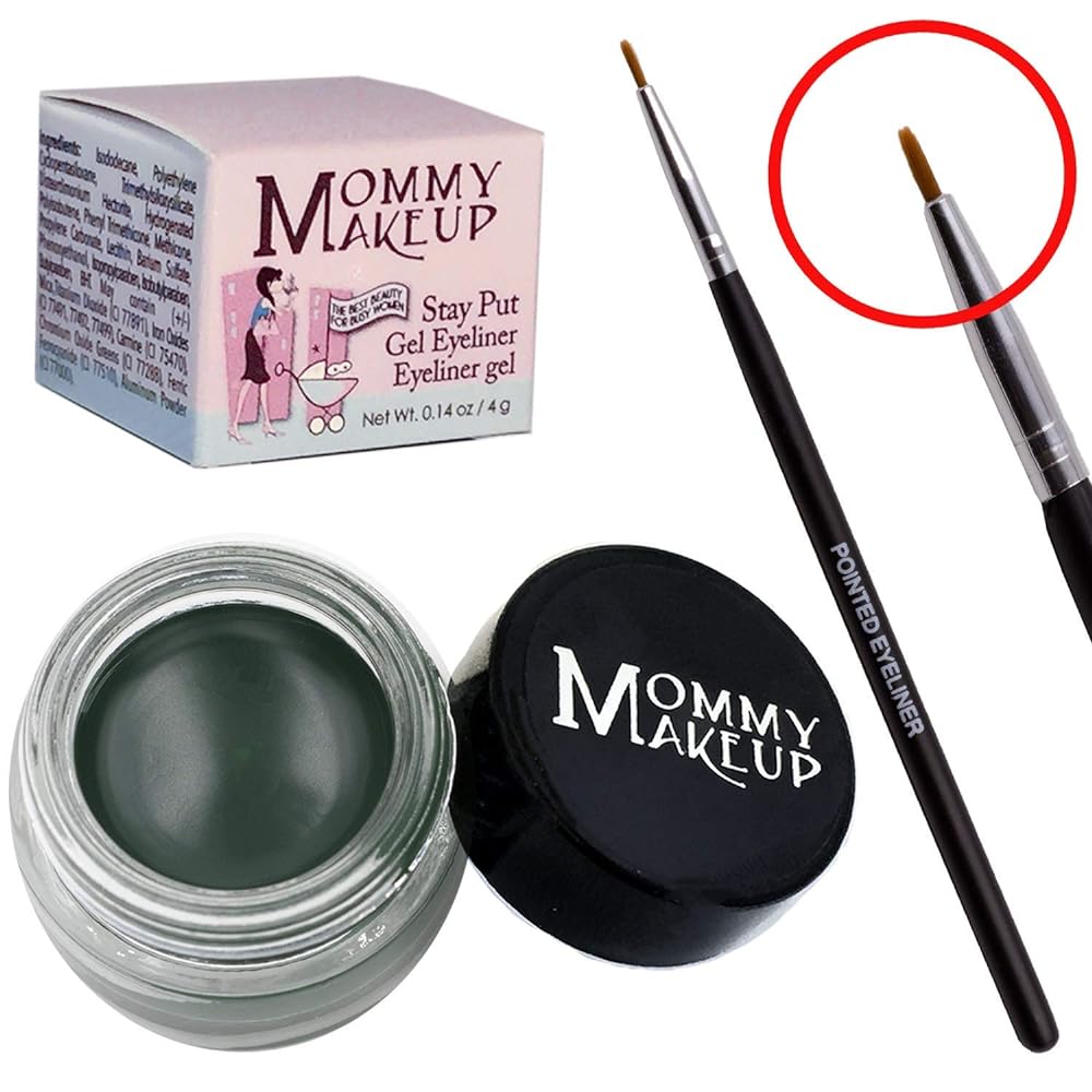 Mommy Makeup [Bundle - Save 20%] Waterproof Stay Put Gel Eyeliner in Hunter + Pointed Eyeliner Brush