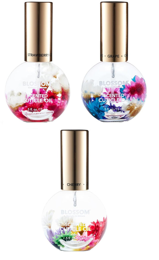 Blossom Hydrating, Moisturizing, Strengthening, Scented Cuticle Oil, Infused with Real Flowers, Made in USA, 1.26 fl. oz, 3 pack Fruit Bundle, Strawberry, Grape, Cherry