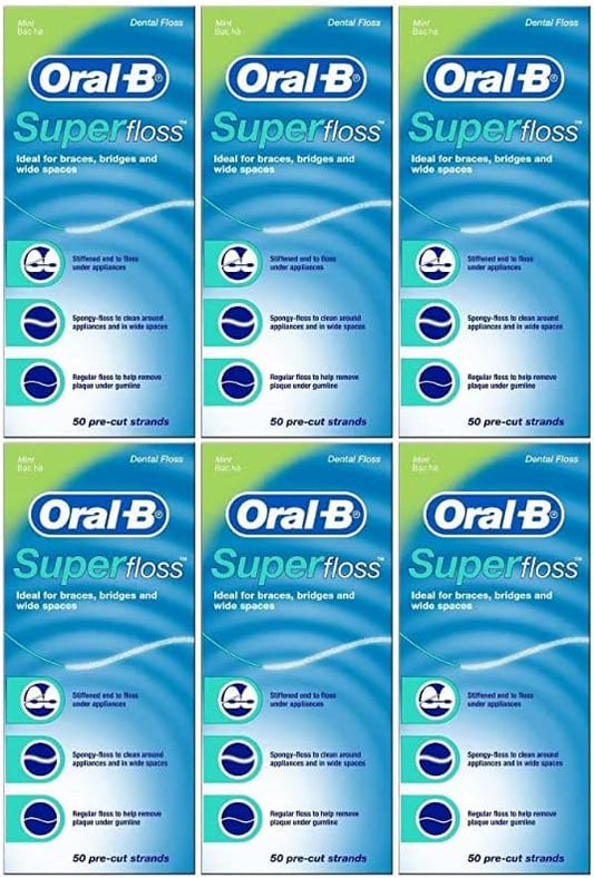 Oral-B Super Floss Mint Dental Floss for Braces Bridges - 50 Strips (Pack of 6)