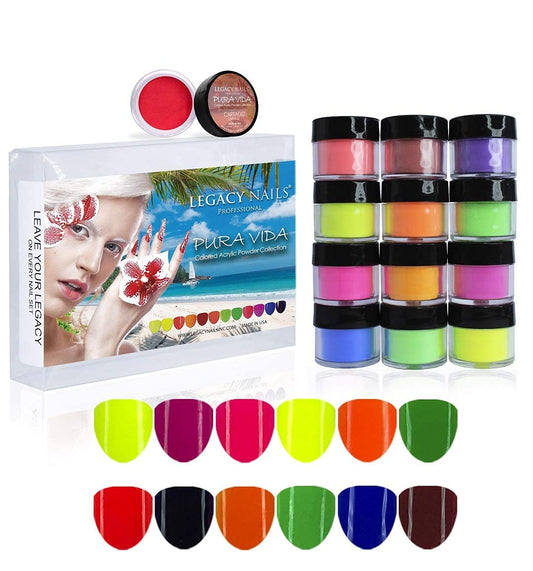 Legacy Nail Acrylic Powder Collections - 12 Colors Professional Nail Art Powder Set Manicure DIY for Dip & Acrylic Nail Extensions (Pura Vida Collection)