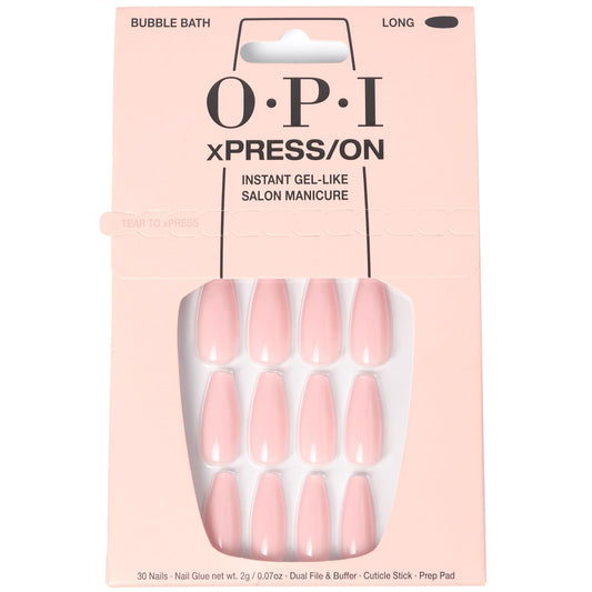 OPI xPress/On Press On Nails, Up to 14 Days of Wear, Gel-Like Salon Manicure, Vegan, Sustainable Packaging, With Nail Glue, Long Neutral Coffin Shape Nails, Bubble Bath