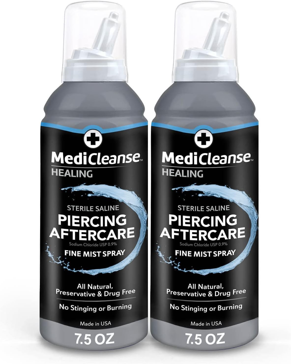 MediCleanse Sterile Saline Piercing Fine Mist Spray 7.5 Ounce, Pack of 2, All Natural, No Alcohol, Vegan Friendly, for Piercings and Tattoos - Made in USA