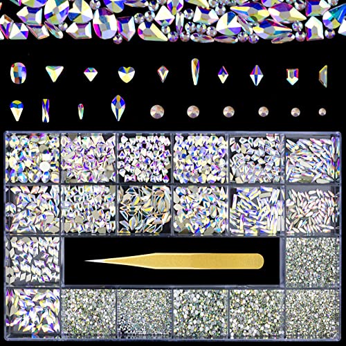 9340 Pcs Rhinestones for Makeup, Glitter Nail Gems Nail Jewels Nail Crystals Nail Diamonds for Nails, Shiny AB Nail Rhinestone Design Kit with Tweezers, Packaged in Nail Rhinestones Storage Box.