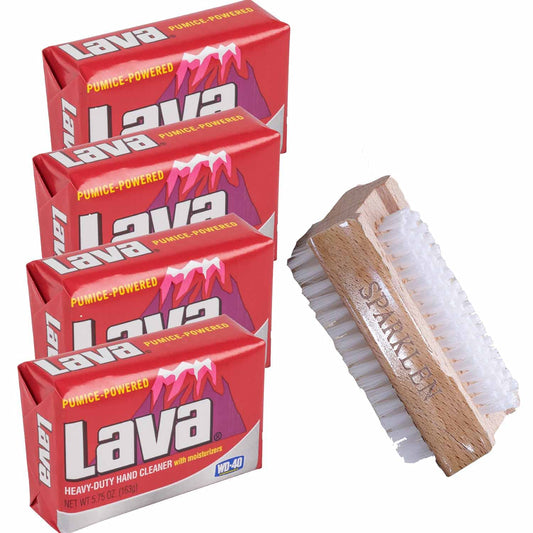 Lava Heavy-Duty Hand Cleaner Pumice soap with Moisturizers, 4-bars [5.75 OZ each] with a Compatible Sparklen Wooden Nail Brush