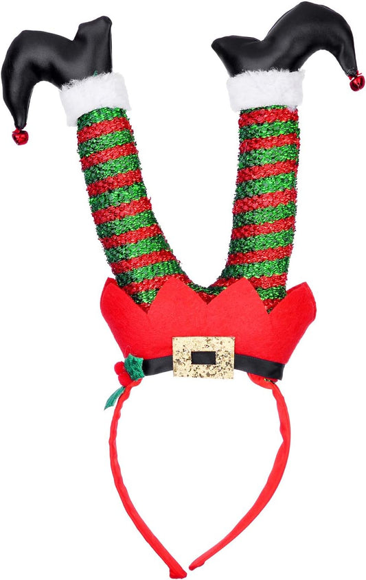 LUX ACCESSORIES Christmas Upside Down Elf Green Red Legs Gold Tone Belt Red Fashion Headband