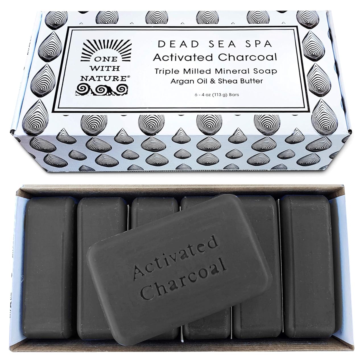 One With Nature 4Oz 6Pack Charcoal Soap Bar in Gift Box for Face, Body, Acne, All Skin Types - Dead Sea Salt, Activated Charcoal Soap Bar Contains Shea Butter, Argan Oil Soap and 21 Essential Minerals