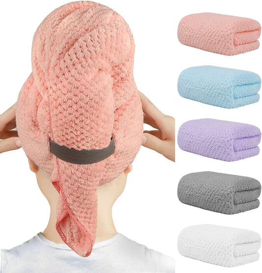 HOMEXCEL 5 Pack Microfiber Hair Towels - Super Soft, Fast Drying Turbans for Long, Thick, Curly Hair - Anti Frizz Wrap with Elastic Strap
