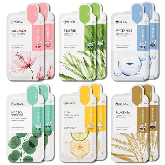 Mediheal Sheet Mask New Essential HERO 12 pack (Collagen, Tea Tree, Placenta, Madecassoside, Vita, Watermide)| Korean Skincare Facial Sheet Mask Combo, Moisturizing, Soothing and for Blemishes