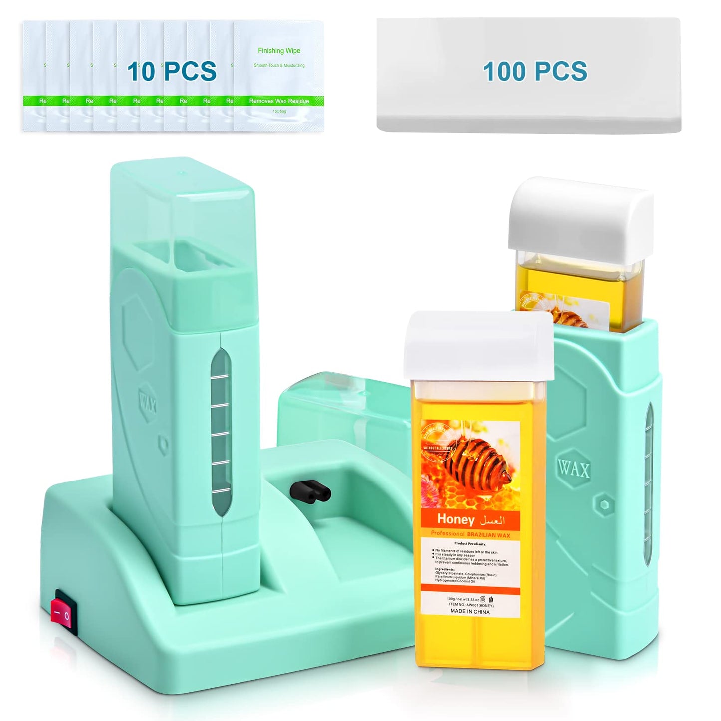 2PCS Roll on Wax Kit, Seopri Double Wax Roller Kit for Hair Removal, Honey Roller Waxing Kit with 2 Cartridge Refill, 100 pcs Wax Strips, 10 Wipes, Soft Depilatory Wax for Sensitive Skin, Green