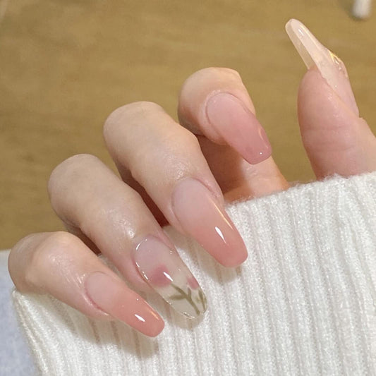 Light Rain - Tulip, 3D Pink Gradual Change Handmade Luxury Reusable Gel UV Finished False nails, Hand-Painted Fake Nails with Design by Professional Manicurist, Long Coffin Shape, Medium Size