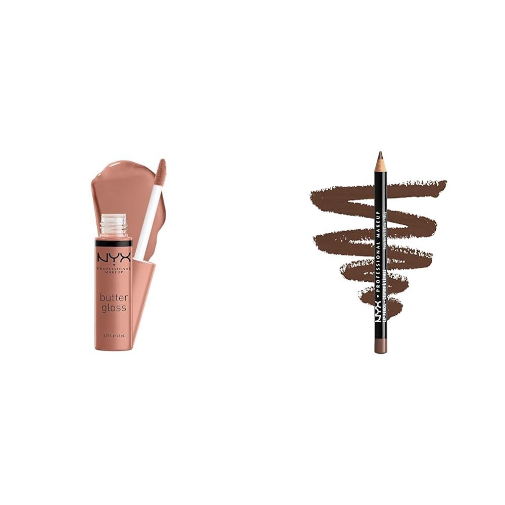 NYX PROFESSIONAL MAKEUP Butter Gloss, Non-Sticky Lip Gloss - Madeleine (Mid-Tone Nude) & Slim Lip Pencil, Long-Lasting Creamy Lip Liner - Espresso