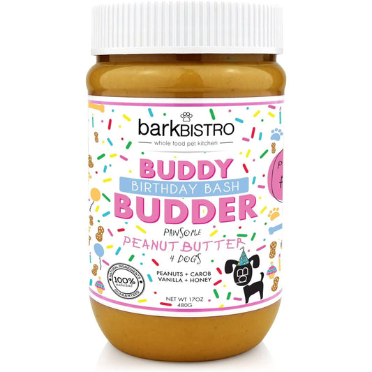 Bark Bistro Birthday Bash BUDDY BUDDER - 100% Natural Dog Peanut Butter, Made in USA 17oz jar