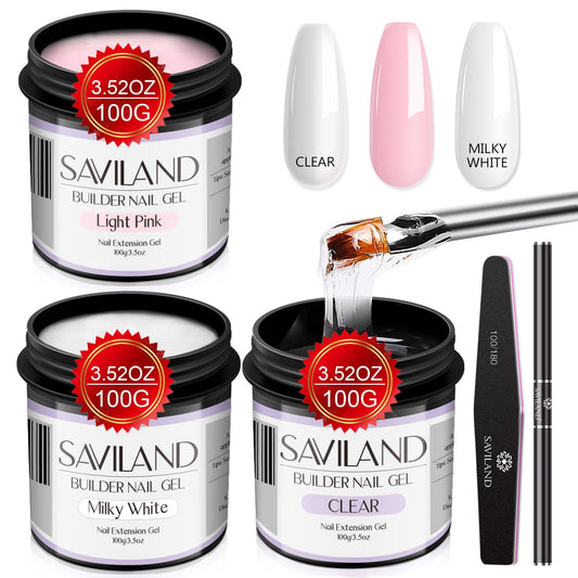 Saviland Builder Nail Gel Kit – 3PCS 3.53oz Large Capacity Clear&Light Pink&Milky White Hard Gel for Nails Kit with Gel Nail Brush Soak-off U V Nail Gel for Nail Extension&Repair for Salon