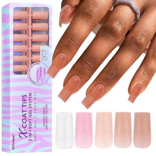 BTArtbox Gel Nail Tips Long Square - Press On Nails 600pcs 5 Colors XCOATTIPS Natural with Pre-applied Tip Primer Cover,Pre-colored 15 Sizes Soft Gel Fake Nails for Nail Art DIY