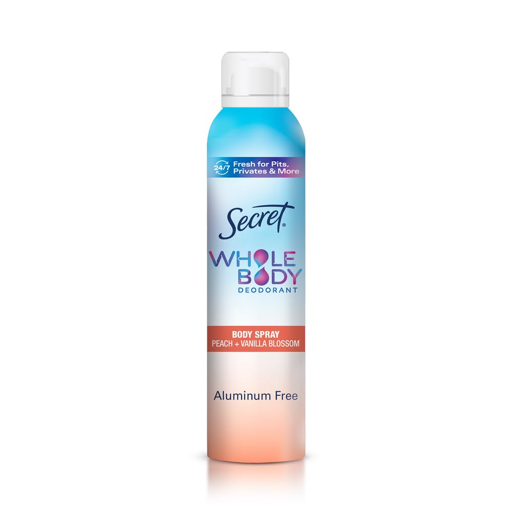 Secret Whole Body Deodorant Spray Aluminum Free, Clinically Proven Odor Protection, Peach & Vanilla Scent 3.5 oz