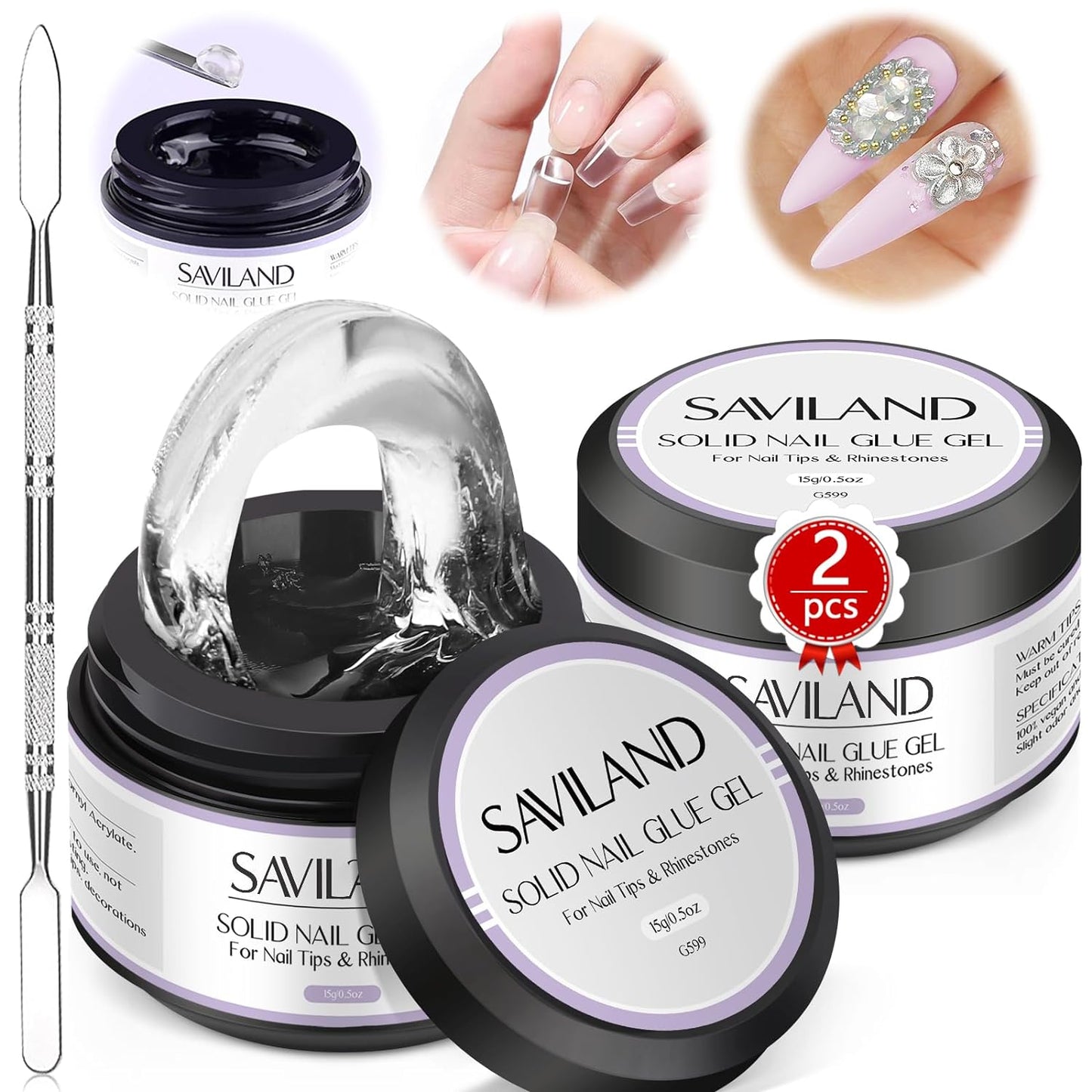 Saviland 30g Solid Nail Glue Gel Kit for Nail Tips - 2pcs 0.5oz Gel Nail Glue for Acrylic Nails Press on Nails Rhinestone U V/LED Lamp Needed