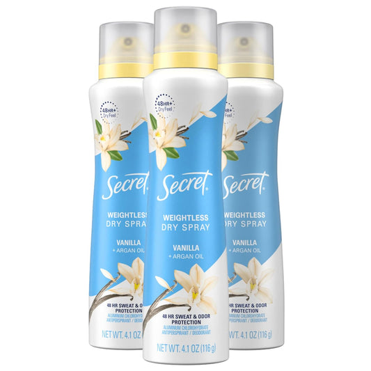 Secret Dry Spray Antiperspirant Womens Spray Deodorant, Vanilla and Argan Oil, 48hr Odor Protection, 4.1oz.(Pack of 3)