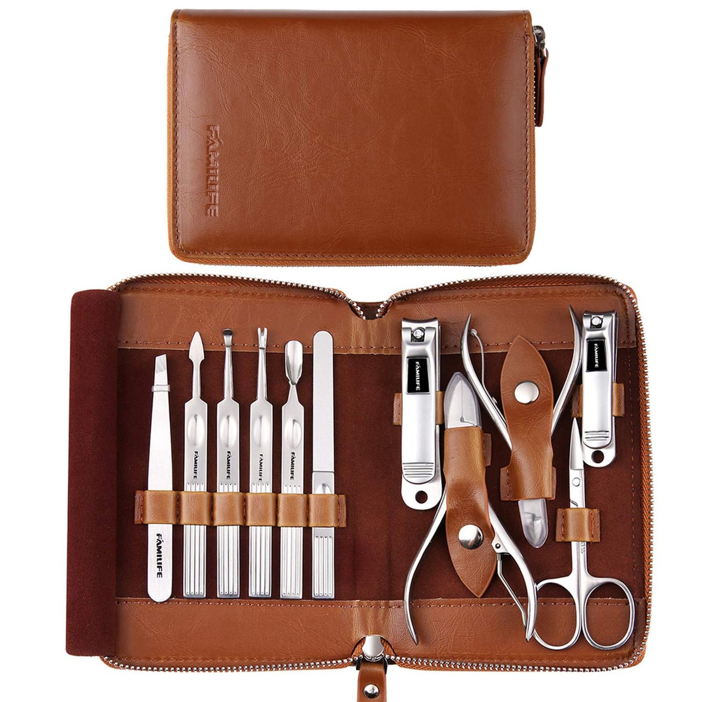 Manicure Set, FAMILIFE Professional Manicure Kit Nail Clippers Set 11 in 1 Stainless Steel Pedicure Tools Kit Nail Kit Men Grooming Kit with Portable Brown Leather Travel Case Luxury Gifts for Him