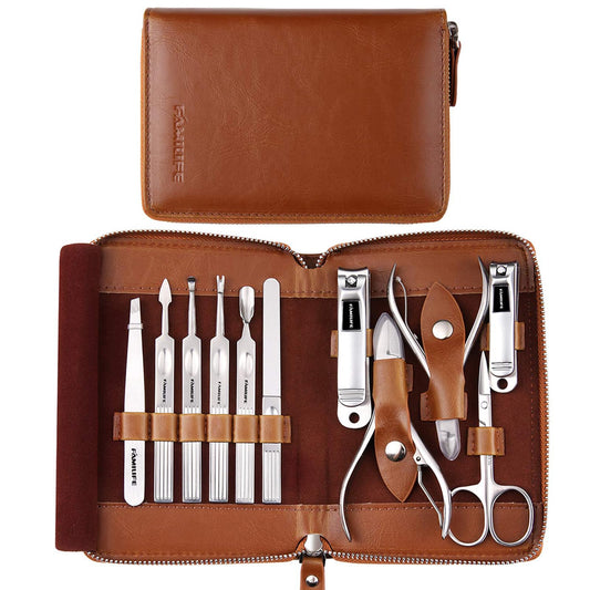 Manicure Set, FAMILIFE Professional Manicure Kit Nail Clippers Set 11 in 1 Stainless Steel Pedicure Tools Kit Nail Kit Men Grooming Kit with Portable Brown Leather Travel Case Luxury Gifts for Him