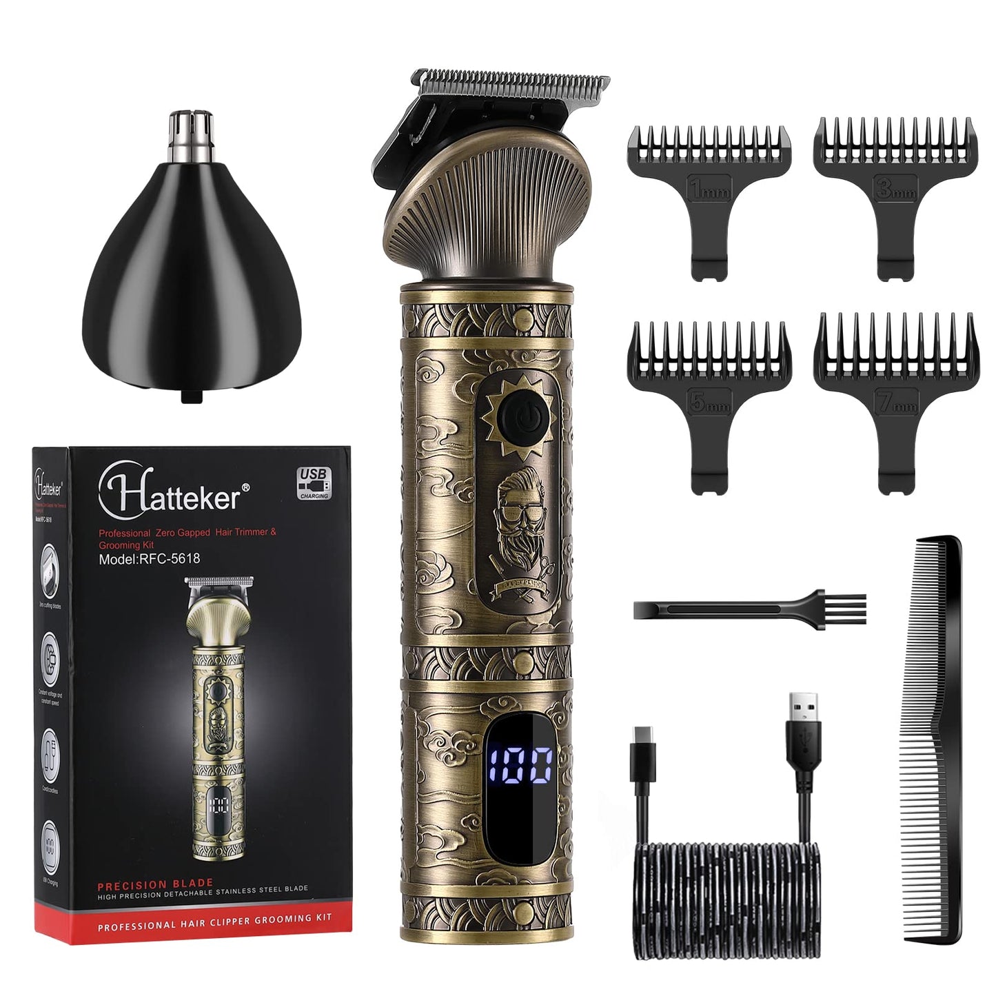 Hatteker Hair Clipper for Men Professional Zero Gapped Hair Beard Trimmer Grooming Kit Nose Trimmer T-Blade Hair Cut Clipper Set for Men