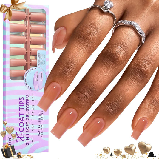 BTArtbox Soft Gel Nail Tips Square - Press On Nails Long Natural XCOATTIPS Pre-applied Tip Primer, One-Step Square Gel Nail Tips Fake Nails for Valentines Day Gift