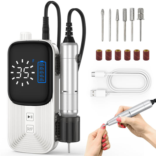 Portable Electric Nail Drill kit, Rechargeable Acrylic Nail Drill Machine with 6 Nail Drill bits and Sanding Bands, Achieve Professional Manicure and Pedicure Results at Home or Salon