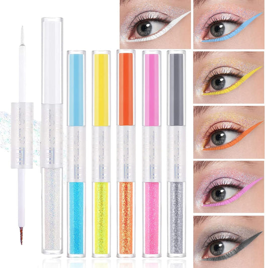 SayingArt 2N1 Glitter Matte Liquid Eyeliner 6 Colors Set Water&Smudge Proof Neon Rainbow Eye Liner Pen Quick Dry Korean Makeup Gift For Women, Highly Pigmented Wear 24h Light Color Kit