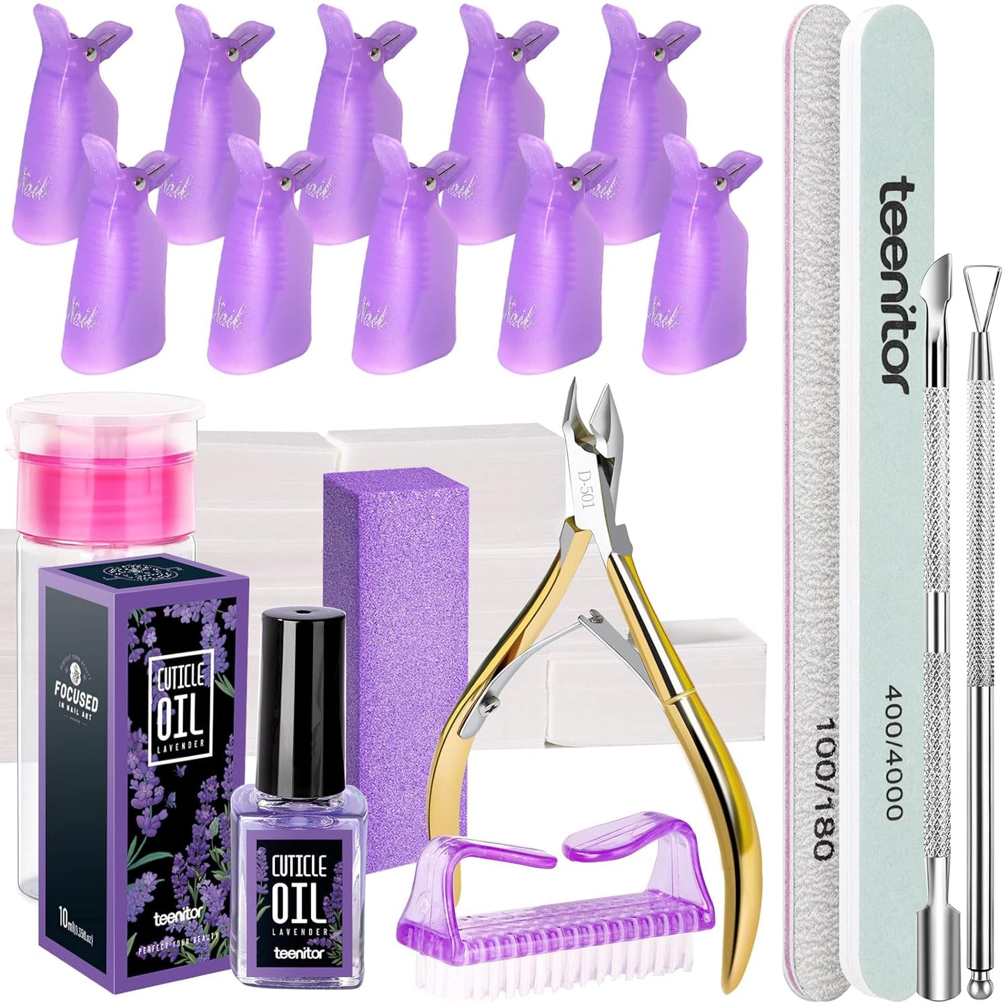 Teenitor Nail Gel Polish Dipping Powder Remover Tools Kit with Nail Clips, Remover Pads, Cuticle Oil, Nail Brushes, File, Buffer Block, Nail Clipper, Cuticle Peeler Scraper Pusher and Cutter
