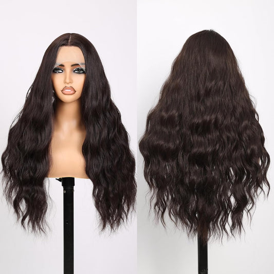 MEGALUV Long Dark Brown Wig Lace Front Wig for Fashion Women 26 Inch T Part HD Lace Wig Natural Hairline Synthetic Heat Glueless Wig for Daily Party