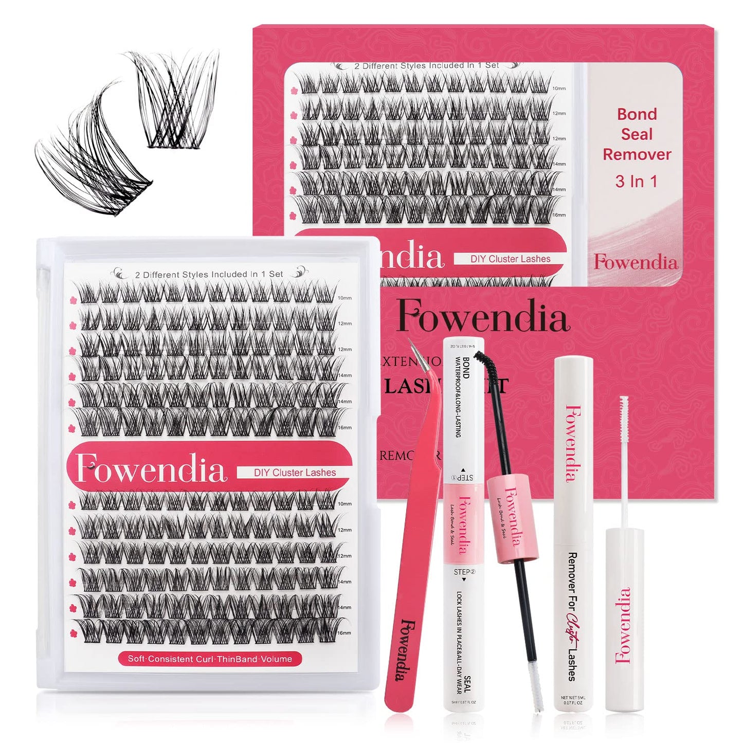 Fowendia DIY Eyelash Extension Kit - 144 Pcs Thin Band Individual Lashes Cluster 10-16mm with Lash Clusters Bond and Seal Eyelash Remover for Lash Extensions and Eyelashes Applicator Tool at Home