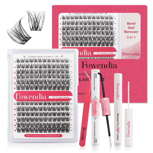 Fowendia DIY Eyelash Extension Kit - 144 Pcs Thin Band Individual Lashes Cluster 10-16mm with Lash Clusters Bond and Seal Eyelash Remover for Lash Extensions and Eyelashes Applicator Tool at Home