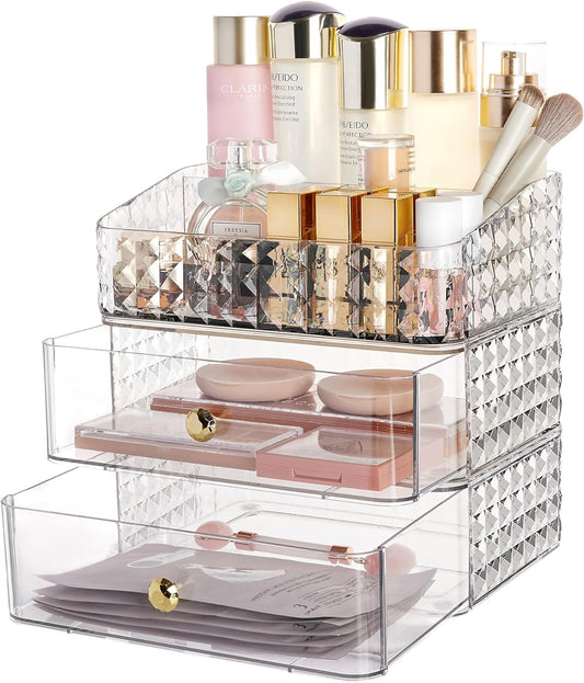 Vtopmart 3-Layer Makeup Organizer for Vanity, Stackable Makeup Storage Organizer for Vanity Dresser Bathroom Countertop, Cosmetic Display Cases with 2 Drawers and 1 Tray,Diamond Pattern Transparent