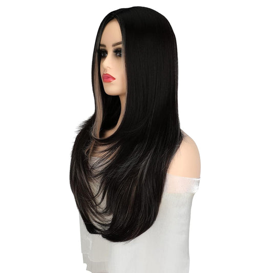 Soulwigger Long Straight Wig For Women Female Middle Part Bangs Daily Use Hair Replacement Wig Natural Black Mix Pink