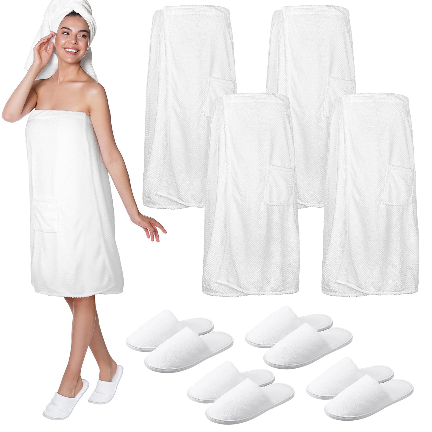 Tigeen 4 Sets Spa Robes for Women Spa Wraps Lightweight Waffle Towel Wrap with Pocket Bath Robe Wrap and Washable Hotel Slippers for Spa Gym Sauna Bath, White