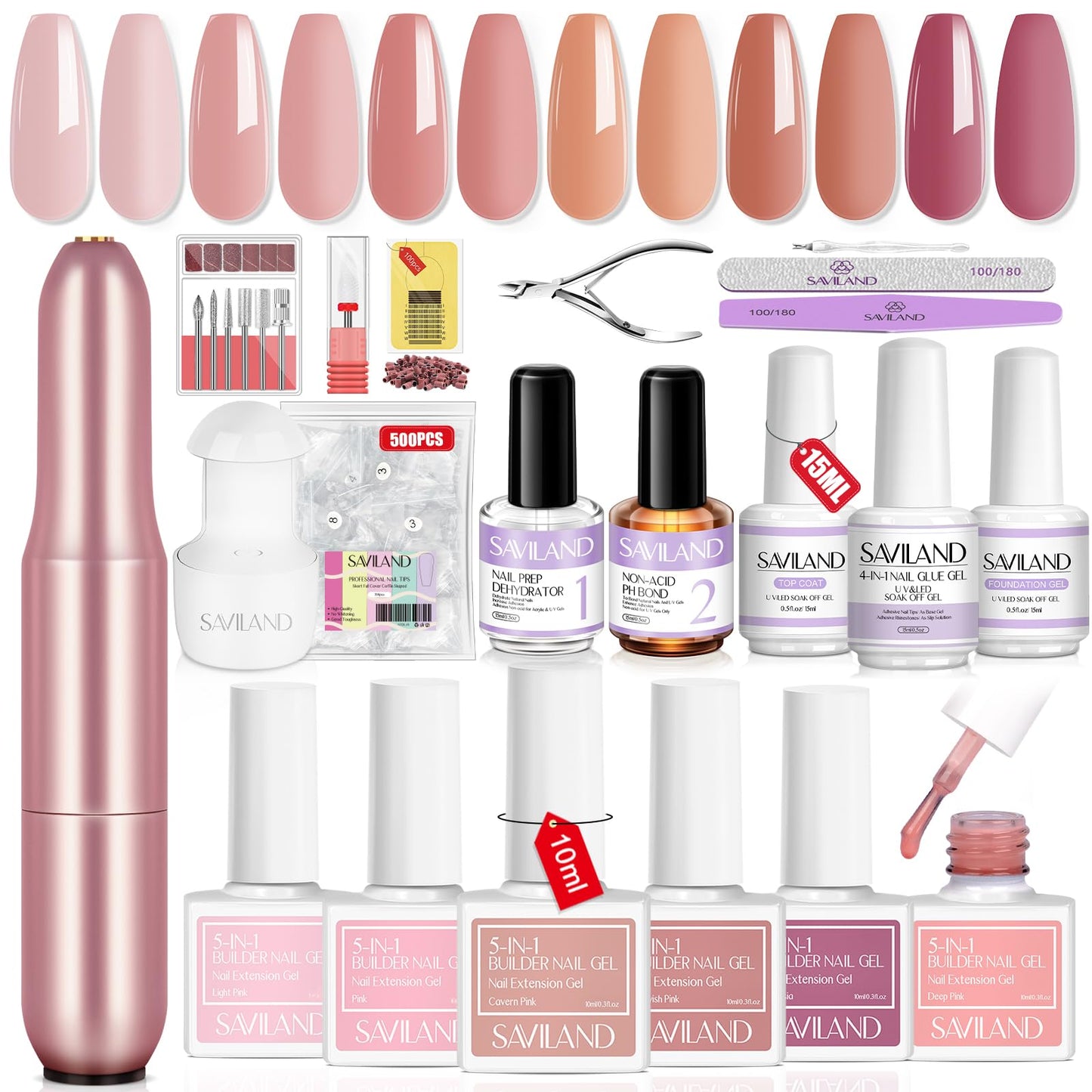 Saviland Builder Nail Gel Kit with Nail Drill: Castor Oil Vitamin E Builder Nail Gel in a Bottle 6 Colors 10ml Hard Gel for Nails Strengthener Extension Gel Mini U V Lamp Nail Glue Gel Home Nail Salon