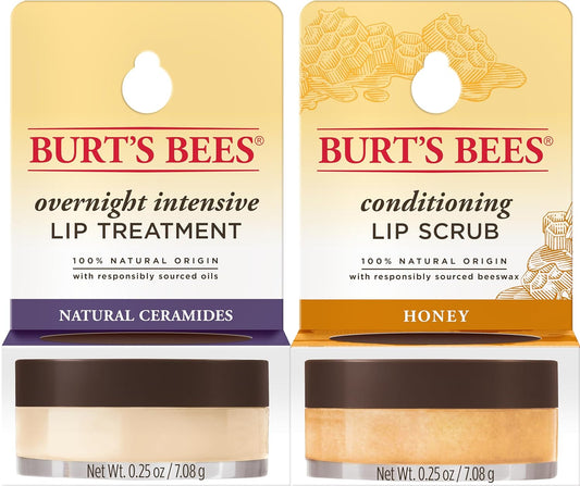 BurtÕs Bees Conditioning Lip Scrub and Overnight Intensive Lip Treatment, With Ceramides, Exfoliates and Hydrates Lips 8 Hours, Natural Origin, 2 Jars, 0.25 oz