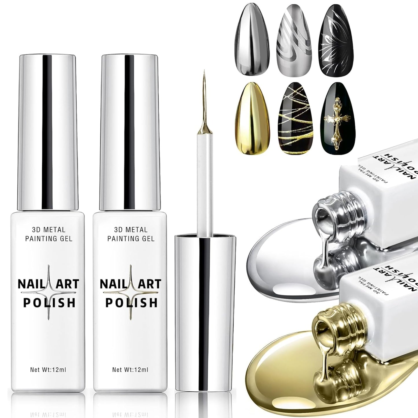 NewBang 2x12ml Metallic Painting Nail Gel Liner Polish, 3D Metal Mirror Effect Painted Drawing Nail Gel with Build in Thin Brush Glossy Chrome Gel Soak Off UV/LED Nail Art Manicure Set #Silver&Gold