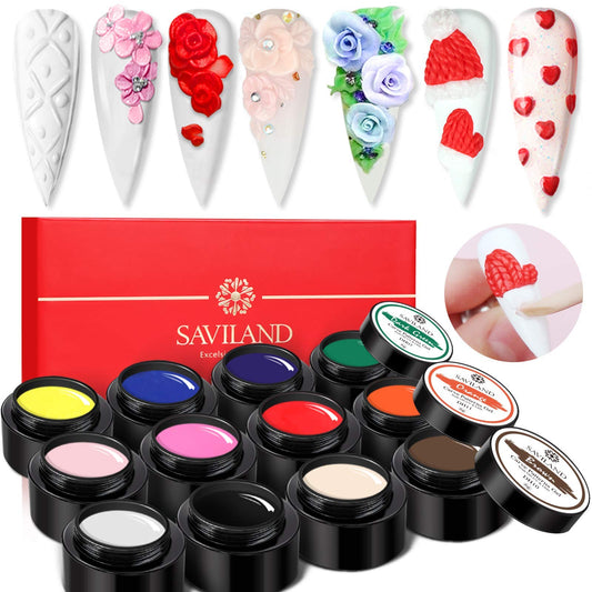 Saviland 3D Sculpture Gel Set - 12 Colors New Upgraded Carving Gels Nail Polish for 3D Gel Nail Art Decoration DIY Painting Carved Flowers Design Modeling Tool