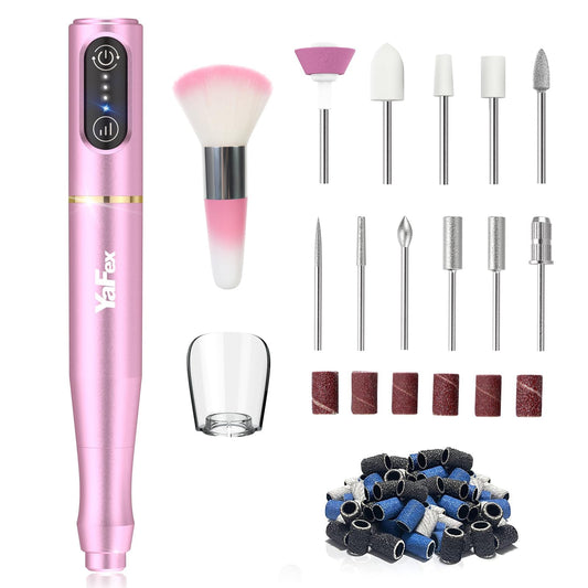 YaFex Cordless Electric Nail Drill, Professional Nail File Machine with 11 Nail Drill Bits, USB Portable Efile for Acrylic Gel Nails, Rechargeable Manicure Pedicure Polishing (A-Premium Pink)