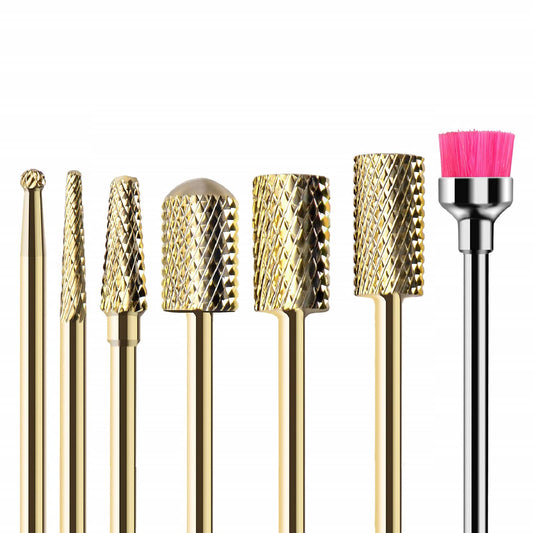 MelodySusie Nail Drill Bits Set, 7pcs Tungsten Carbide Nail Bits for Nail Drill E-file, 3/32 inch Bits Manicure Pedicure Remover Tools for Acrylic Gel Nails, Salon Home Nail Care Supplies, Gold