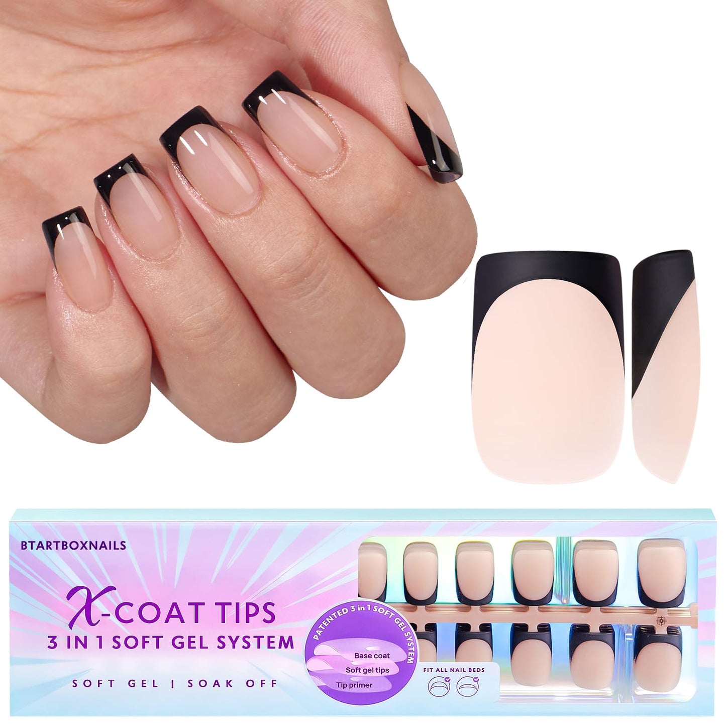 BTArtboxnails Black French Press On Nails - XCOATTIPS French Series Short Square Nails, Soft Gel Nail Tips, French Tips Press On Nails Soak Off Acrylic Fake Nails Glue On Nails Nail Extension Set