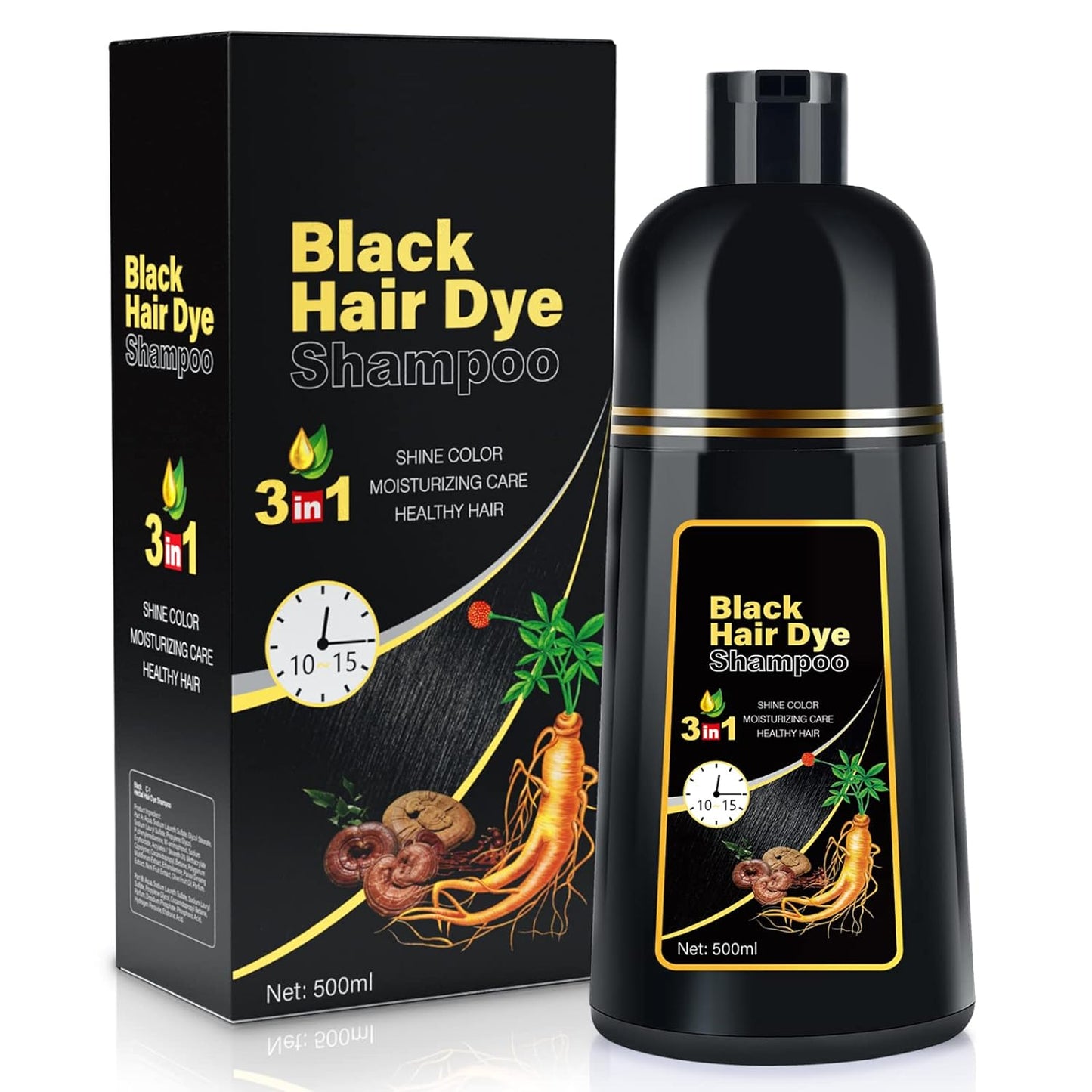 JUANCHI Black Hair Dye Shampoo 3 in 1 for Gray Hair, Herbal Ingredients Shampoo Black Hair Dye for Women Men, Grey Coverage Shampoo 500ml (Black)