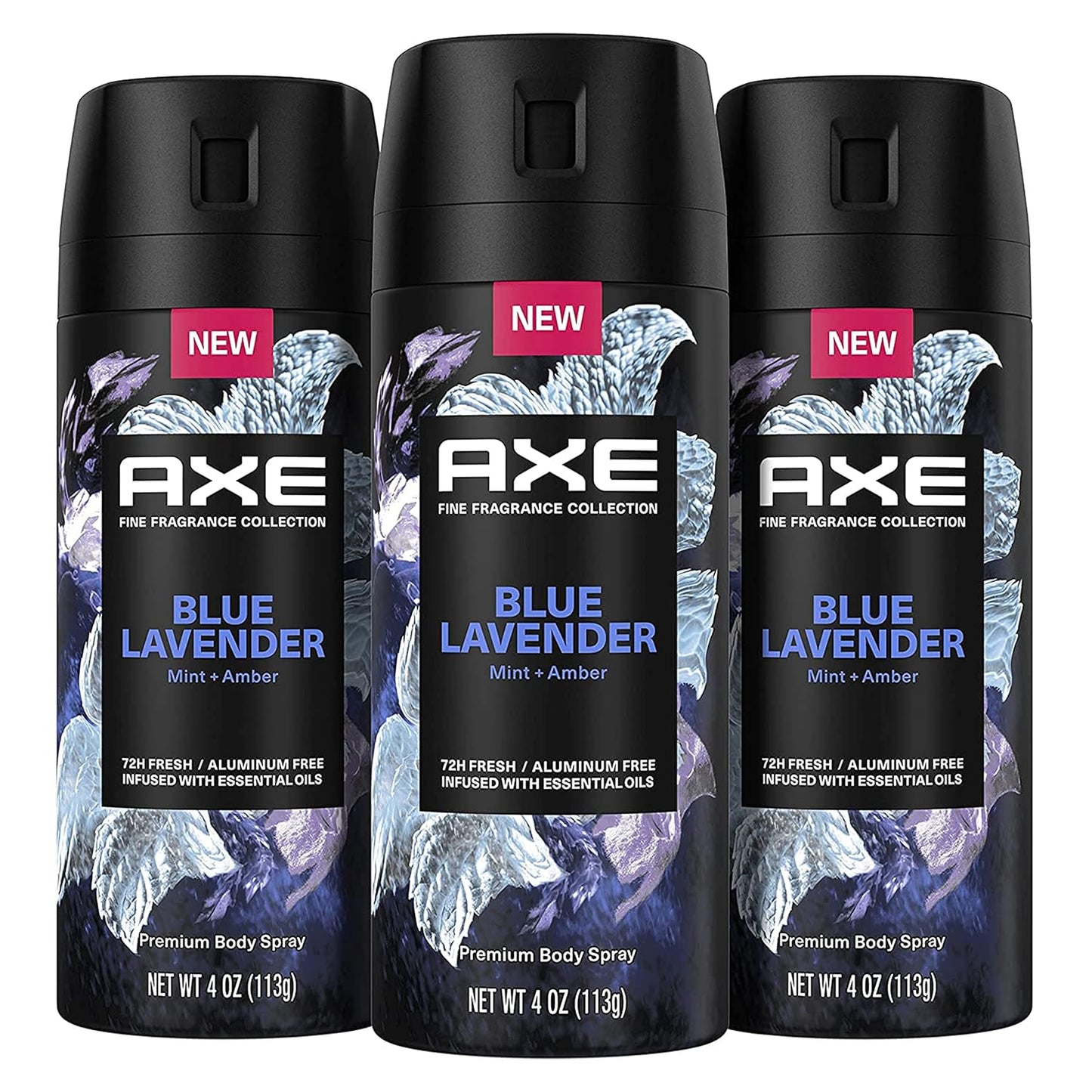 AXE Blue Lavender Premium Deodorant Body Spray - 72H Odor Protection, Infused With Lavender, Mint, and Amber Oils, 3 Count, 4oz Each