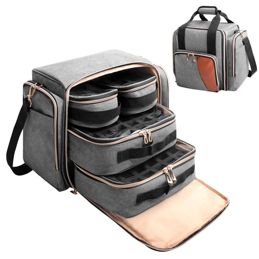 ahzske Nail Polish Organizer Holds 80 Bottles (15ml/0.5 fl.oz), Large Nail Polish Bag with 4 Removable Pouches, Multiple Pockets for Manicure Tools Storage, Gray