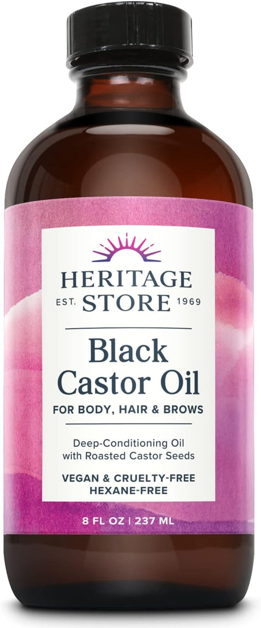 HERITAGE STORE Black Castor Oil, Traditionally Roasted, Rich Hydration for Hair & Skin, Bold Lashes & Brows 8oz